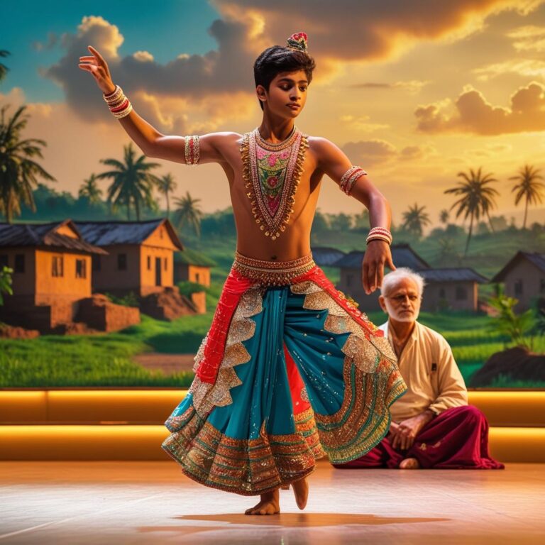 young gotipua dancer in traditional costume guru teaching dance stage performance with odisha village background (1)